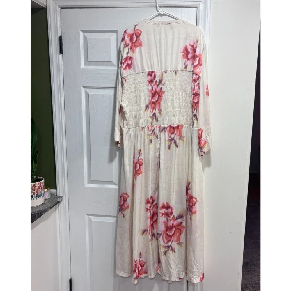 Free People Bright Blooms Maxi Robe M Boho Floral Tie Front Flowy Duster Kimono
